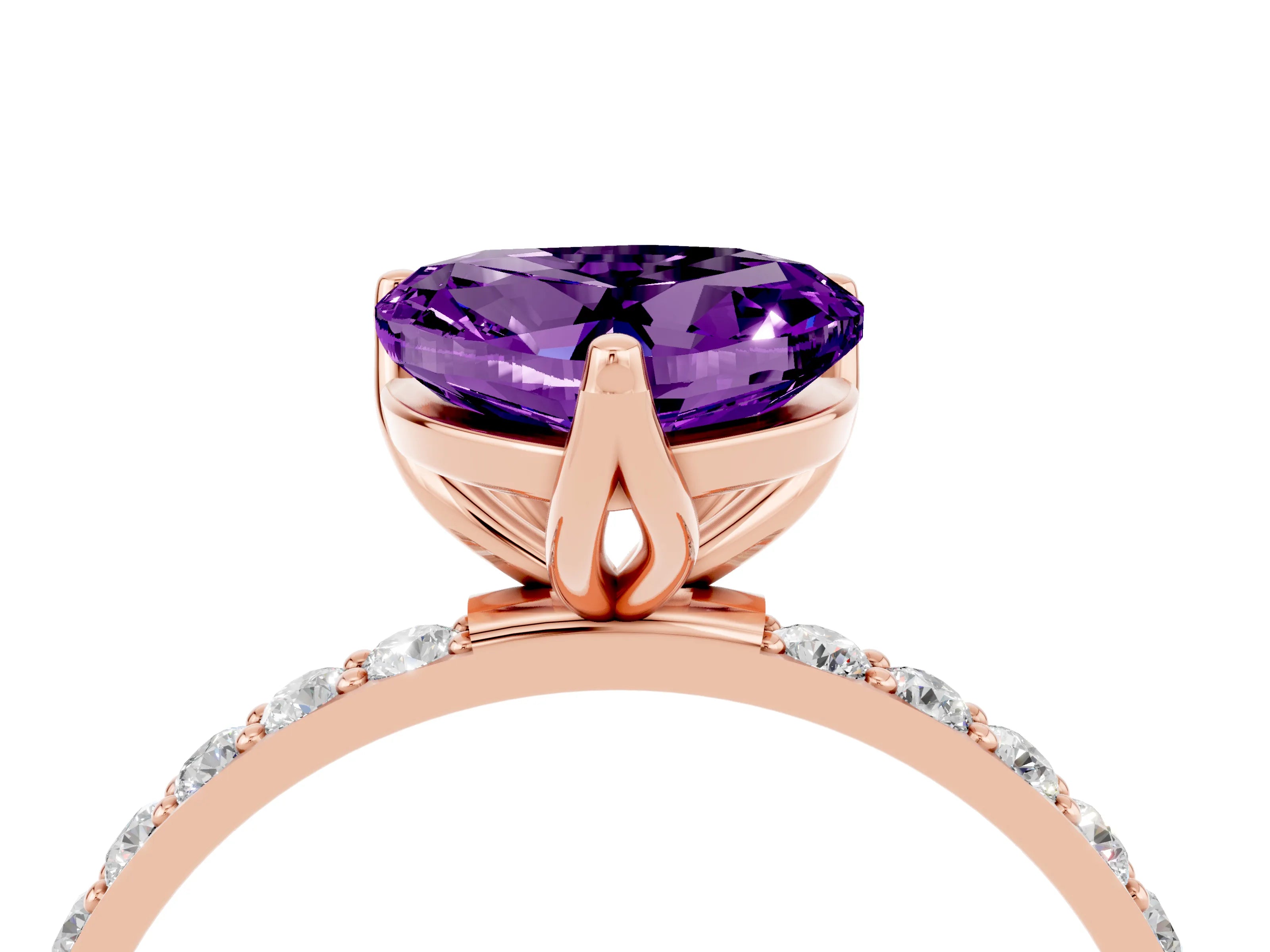 Rose gold Heart Cut Amethyst Solitaire Engagement Ring with Pavé Band and Prong Setting_4