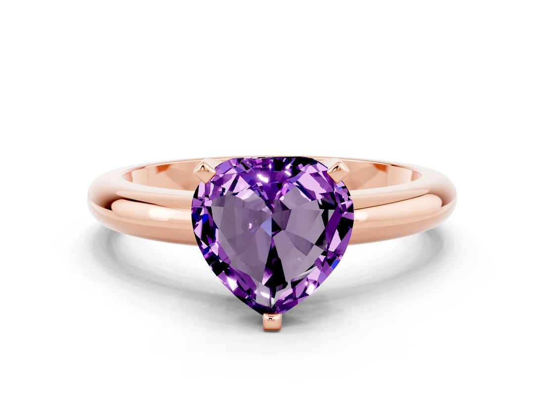 Rose gold Heart Cut Amethyst Solitaire Engagement Ring with Round Band and Four-Prong Setting
