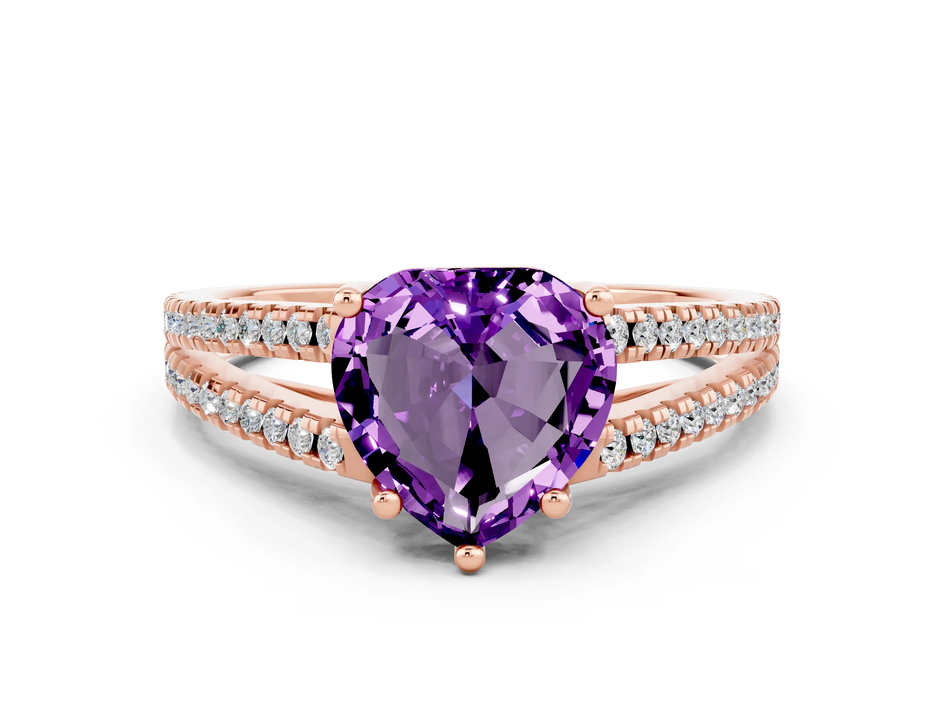 Rose gold Heart Cut Amethyst Solitaire Engagement Ring with Split Shank Pavé Band
