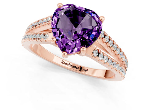 Rose gold Heart Cut Amethyst Solitaire Engagement Ring with Split Shank Pavé Band_1