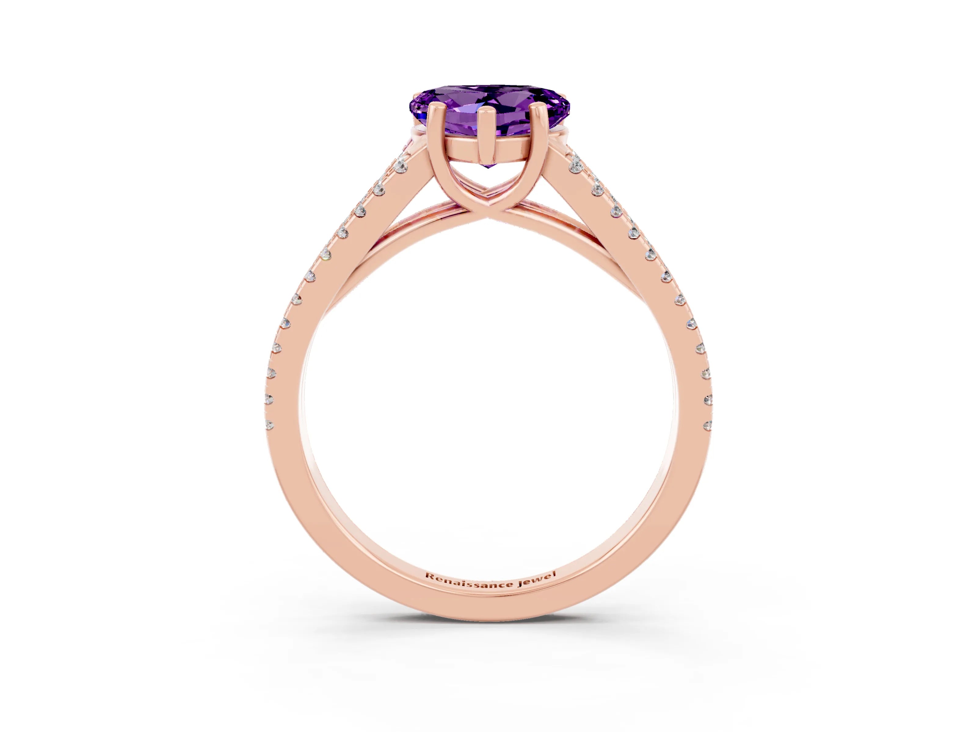 Rose gold Heart Cut Amethyst Solitaire Engagement Ring with Split Shank Pavé Band_3