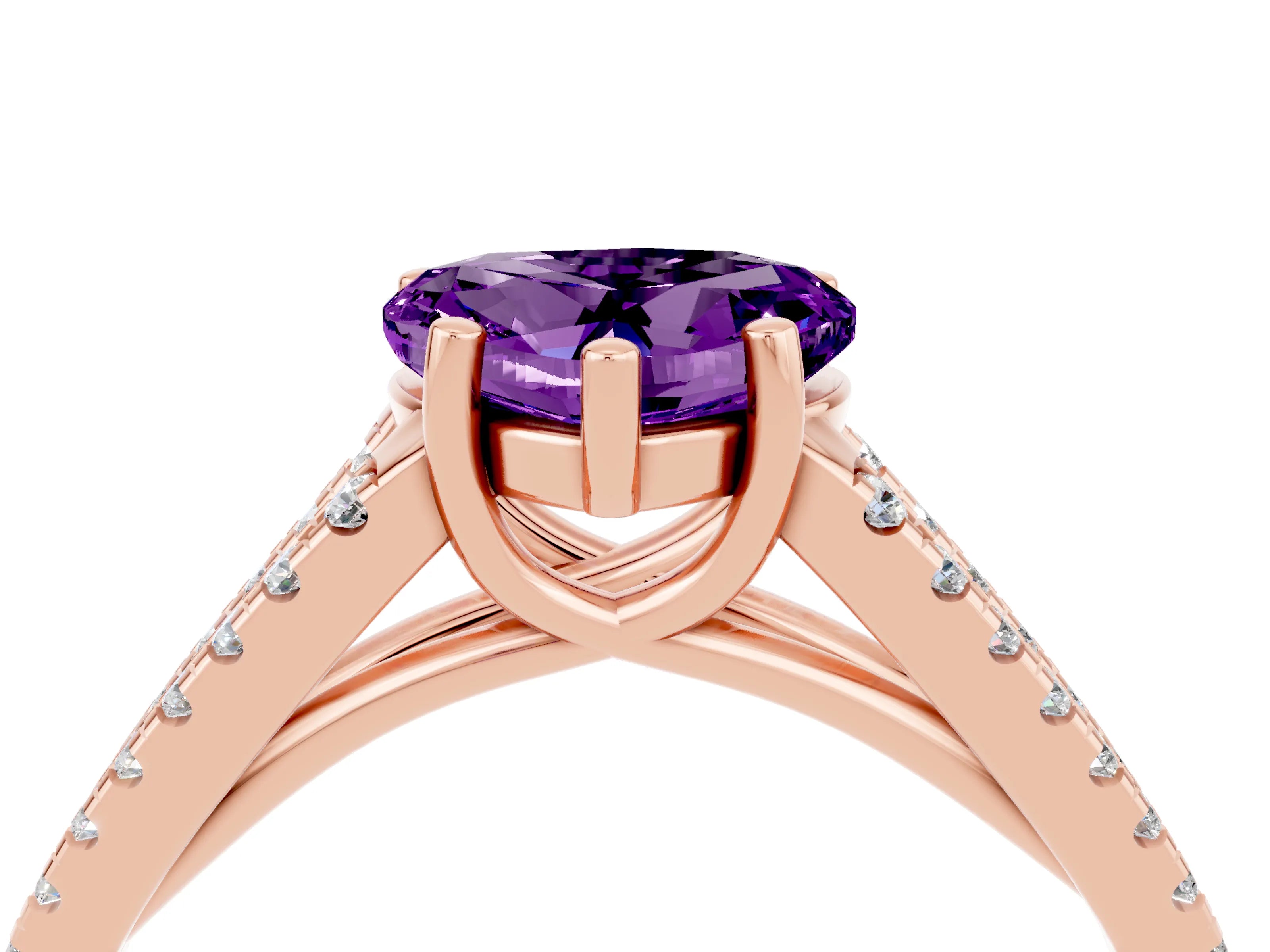 Rose gold Heart Cut Amethyst Solitaire Engagement Ring with Split Shank Pavé Band_4
