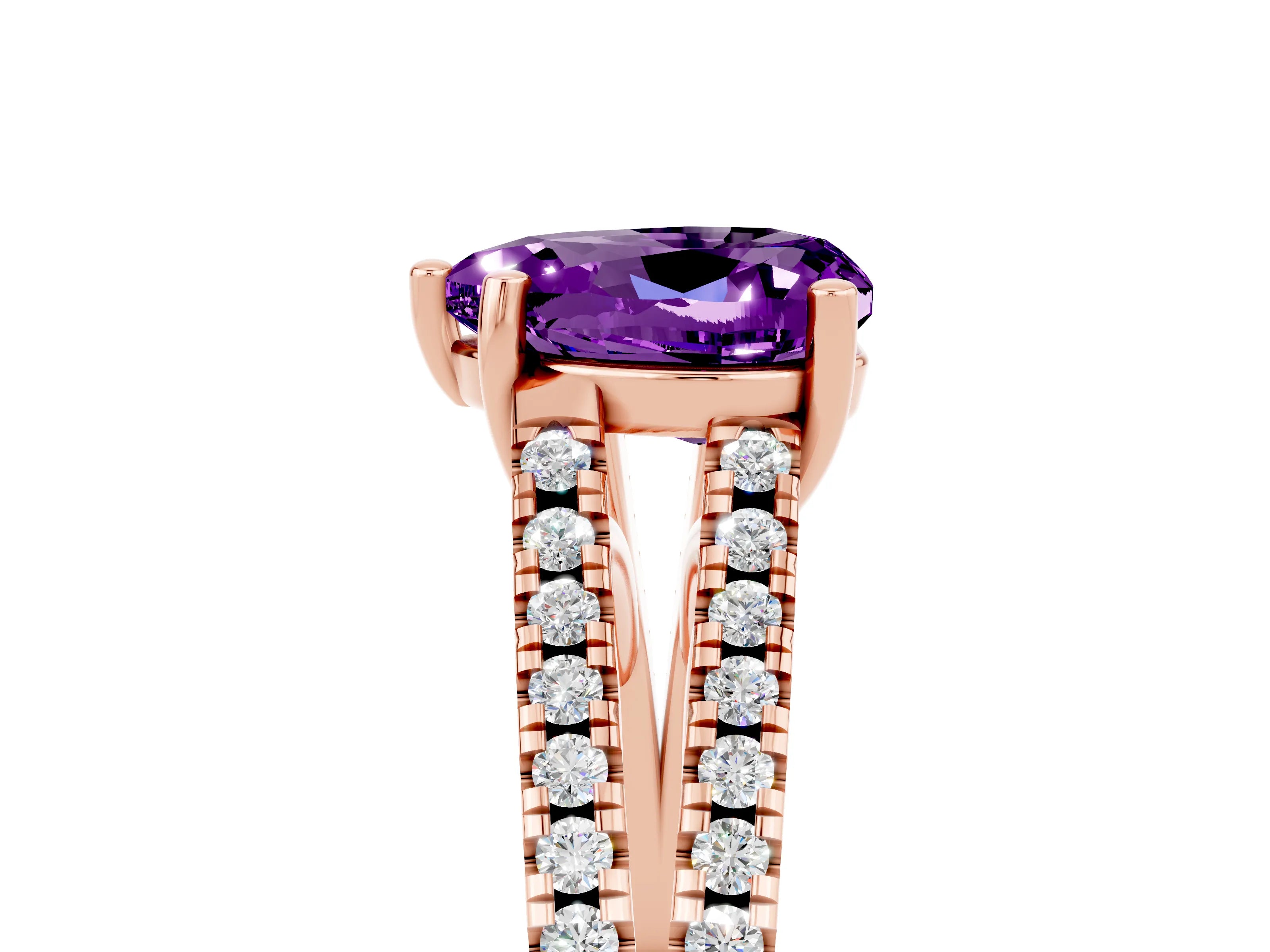 Rose gold Heart Cut Amethyst Solitaire Engagement Ring with Split Shank Pavé Band_5