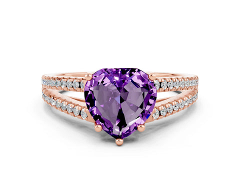 Rose gold Heart Cut Amethyst Solitaire Engagement Ring with Split Shank Pavé Band