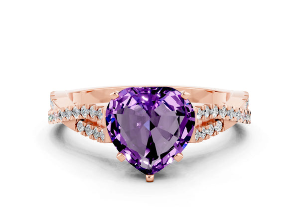 Rose gold Heart Cut Amethyst Solitaire Engagement Ring with Twisted Pavé Band and Four-Prong Setting