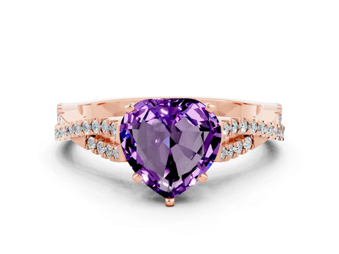 Rose gold Heart Cut Amethyst Solitaire Engagement Ring with Twisted Pavé Band and Four-Prong Setting_12