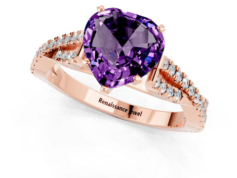 Rose gold Heart Cut Amethyst Solitaire Engagement Ring with Twisted Pavé Band and Four-Prong Setting_13