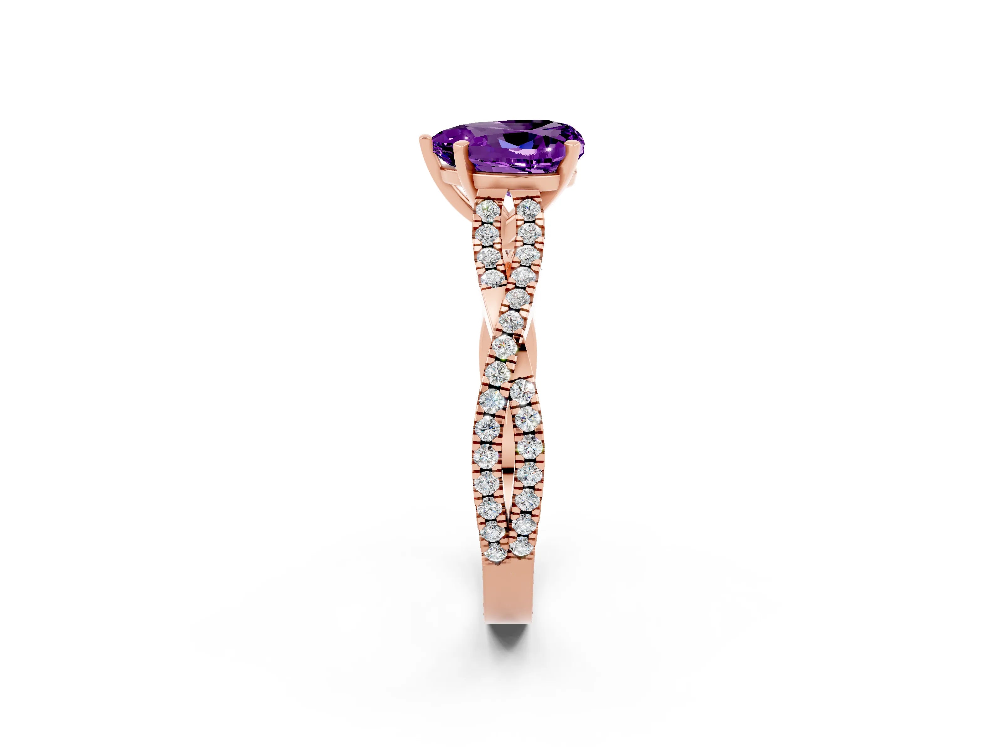Rose gold Heart Cut Amethyst Solitaire Engagement Ring with Twisted Pavé Band and Four-Prong Setting_14