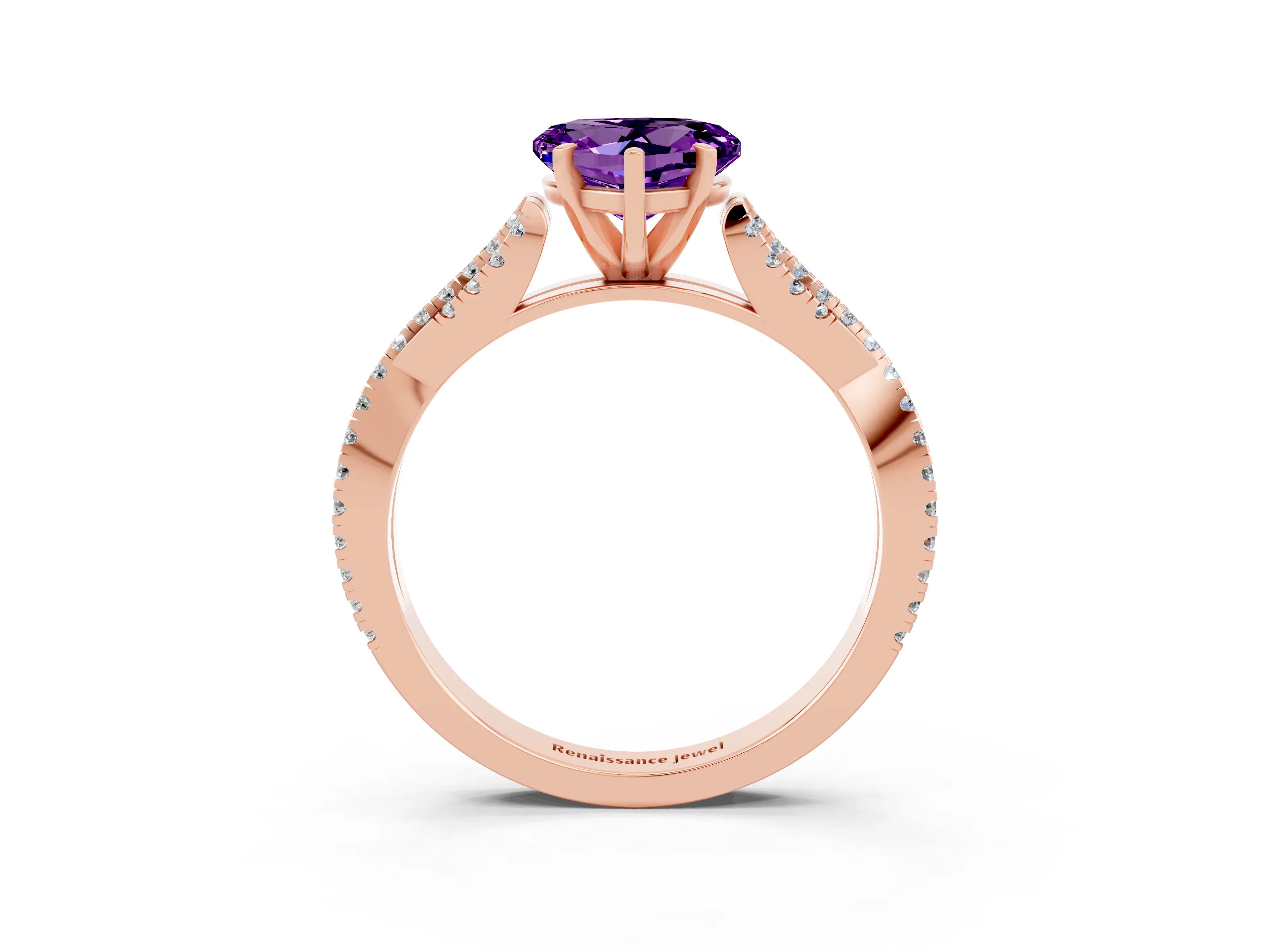 Rose gold Heart Cut Amethyst Solitaire Engagement Ring with Twisted Pavé Band and Four-Prong Setting_15