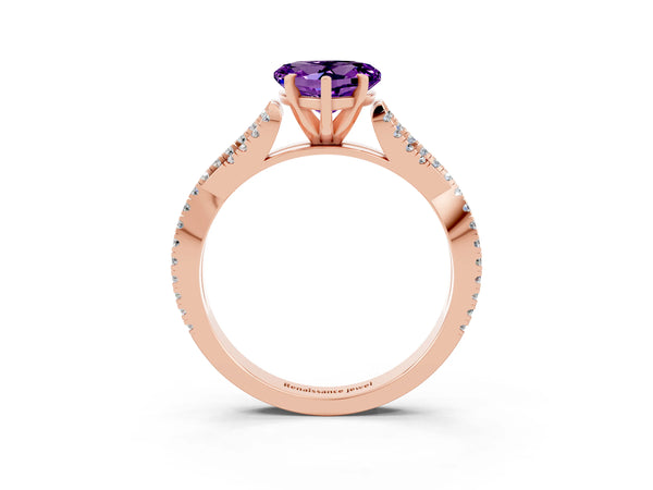 Rose gold Heart Cut Amethyst Solitaire Engagement Ring with Twisted Pavé Band and Four-Prong Setting