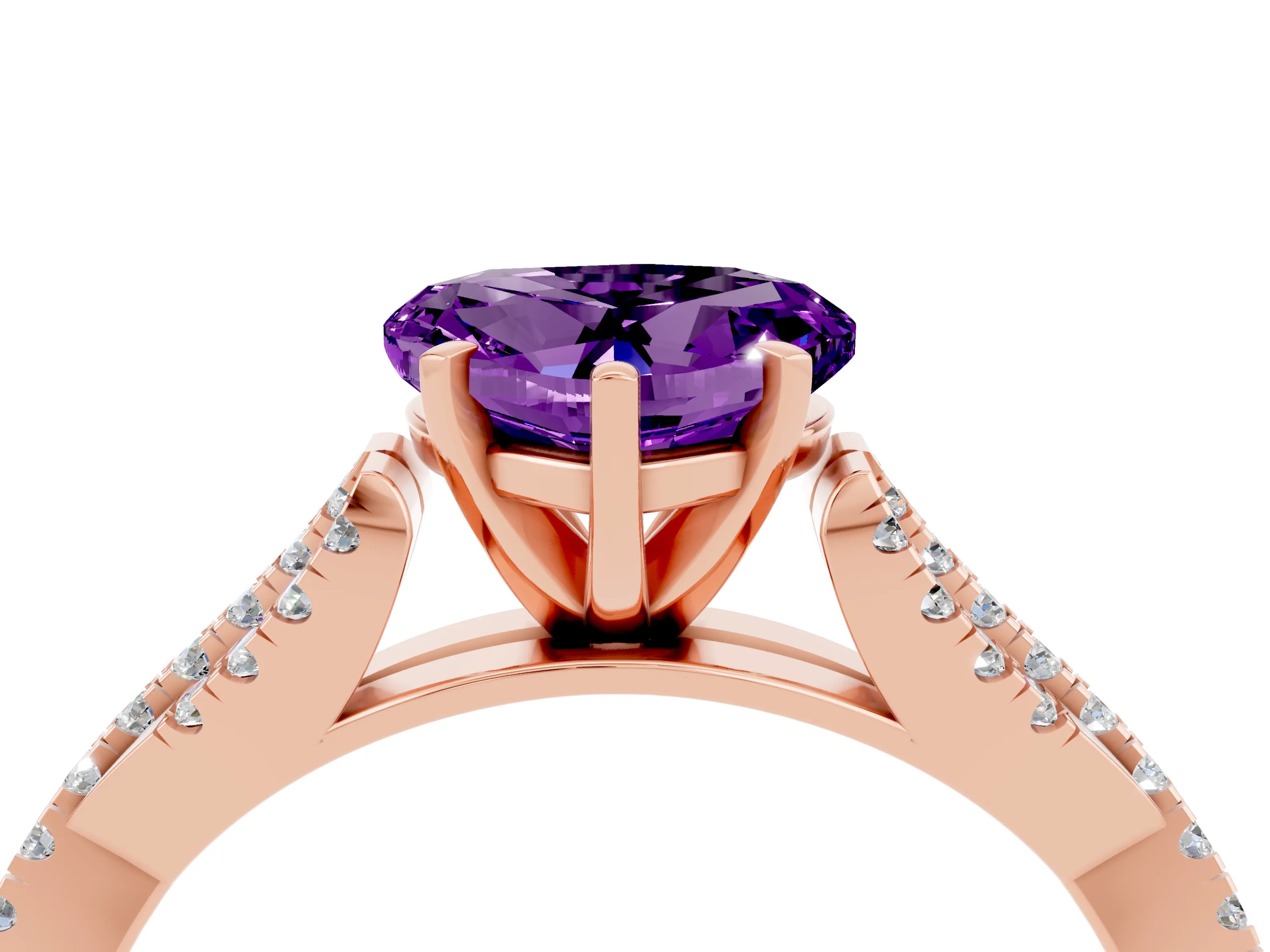 Rose gold Heart Cut Amethyst Solitaire Engagement Ring with Twisted Pavé Band and Four-Prong Setting_16