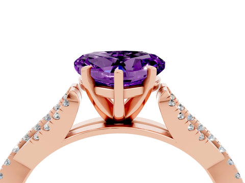 Rose gold Heart Cut Amethyst Solitaire Engagement Ring with Twisted Pavé Band and Four-Prong Setting_16