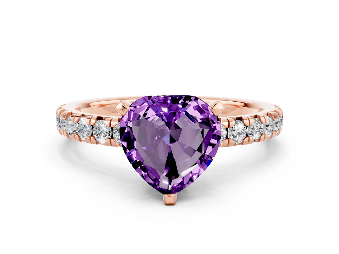 Rose gold Heart Cut Amethyst Solitaire Pavé Engagement Ring with Round Band and Prong Setting_72