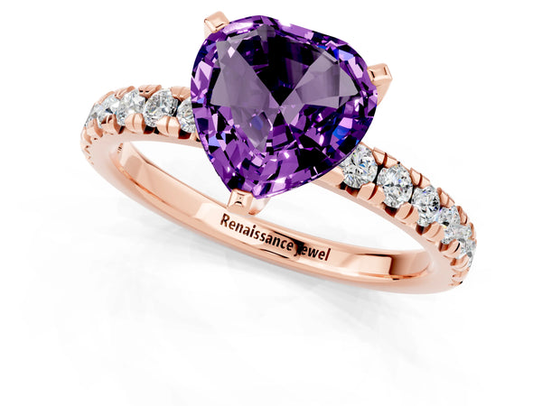 Rose gold Heart Cut Amethyst Solitaire Pavé Engagement Ring with Round Band and Prong Setting