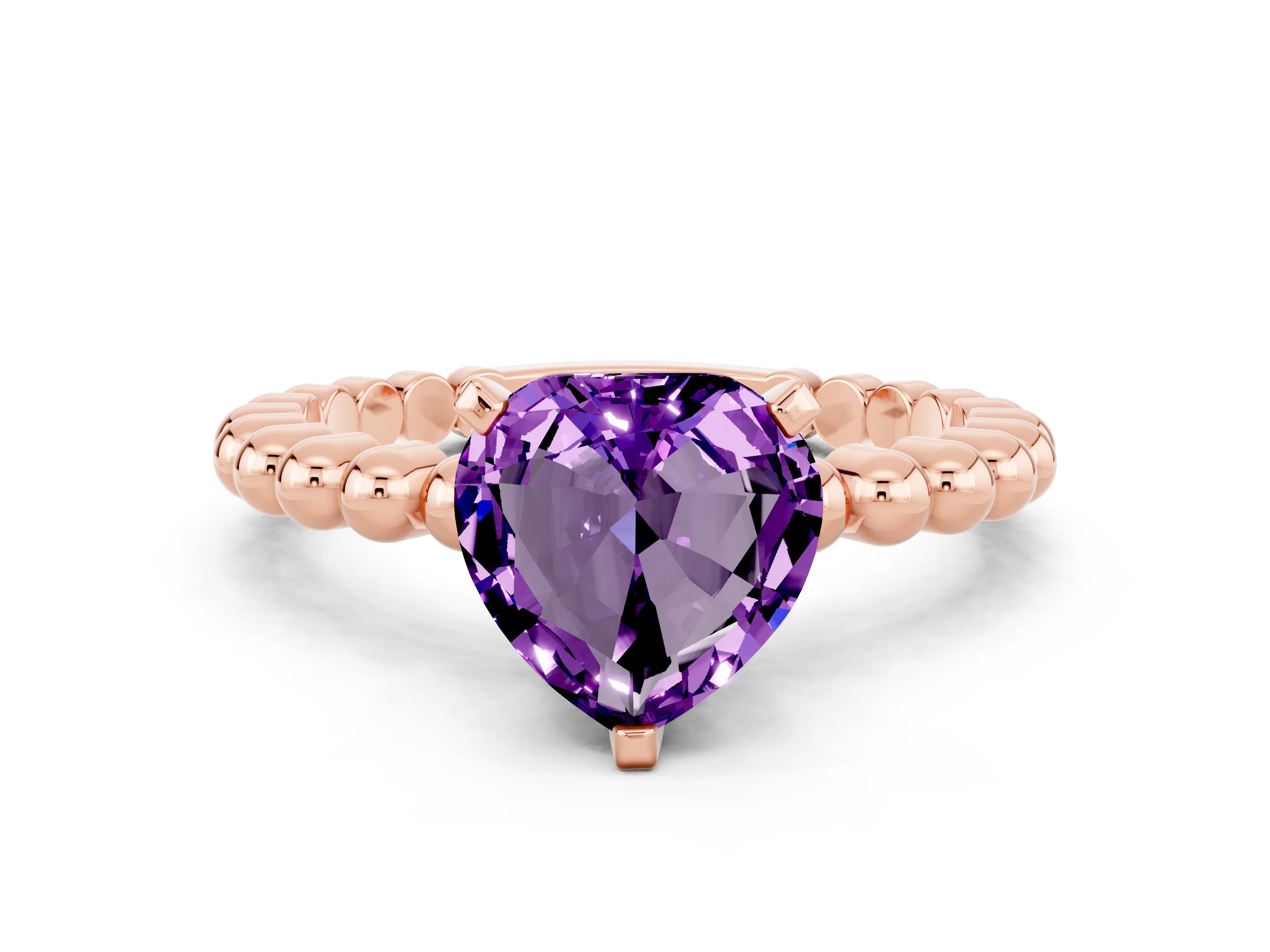Rose gold Heart Cut Amethyst Solitaire Ring with Beaded Band and Prong Setting