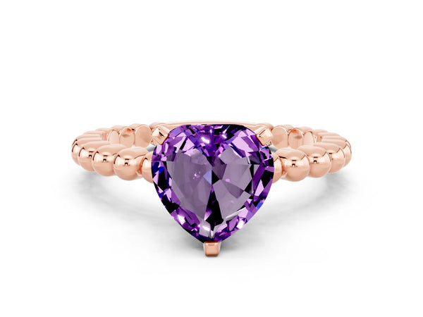 Rose gold Heart Cut Amethyst Solitaire Ring with Beaded Band and Prong Setting