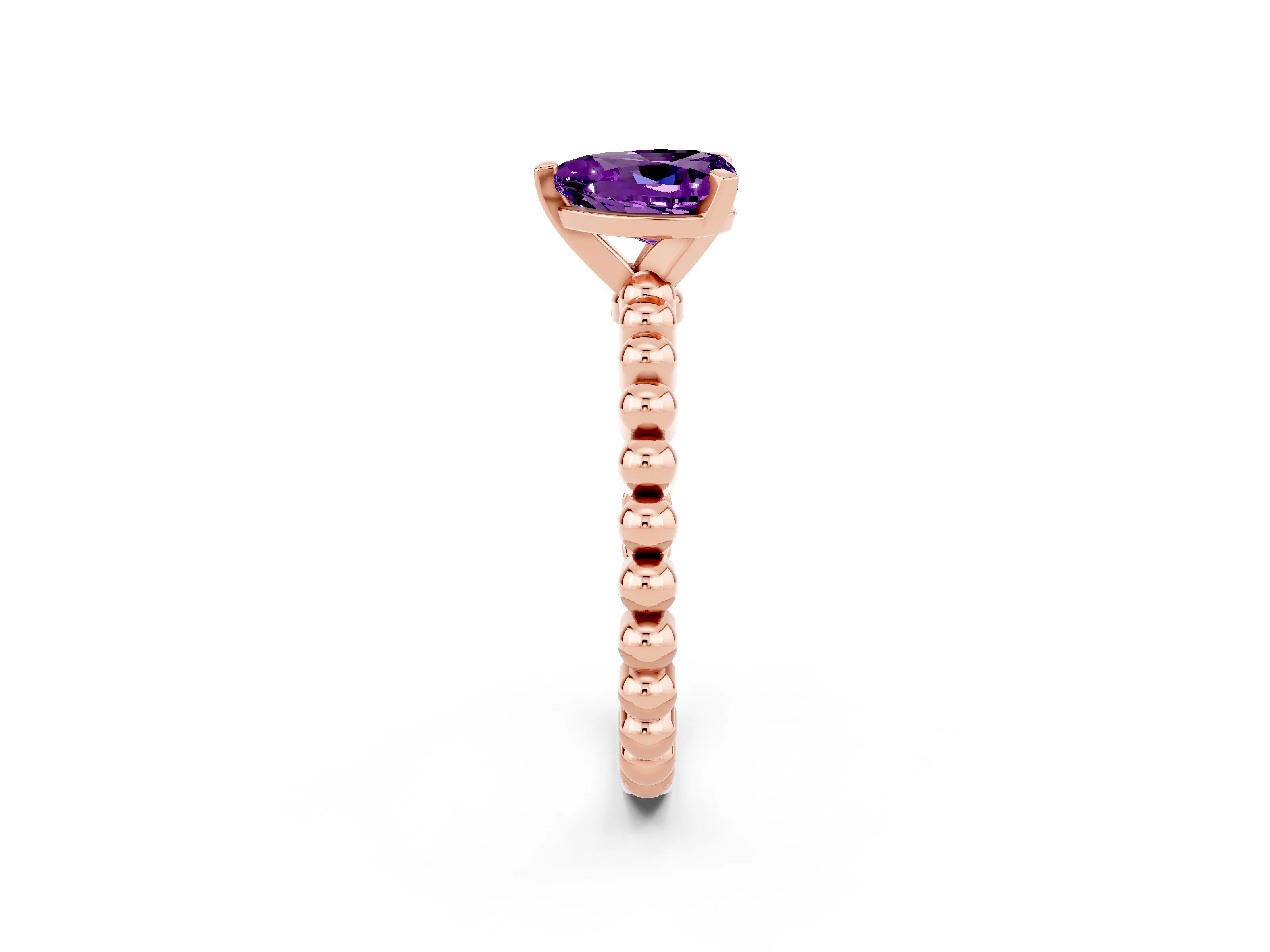 Rose gold Heart Cut Amethyst Solitaire Ring with Beaded Band and Prong Setting_2