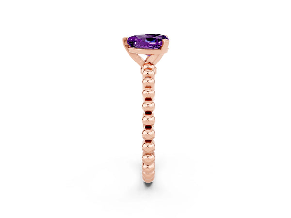 Rose gold Heart Cut Amethyst Solitaire Ring with Beaded Band and Prong Setting