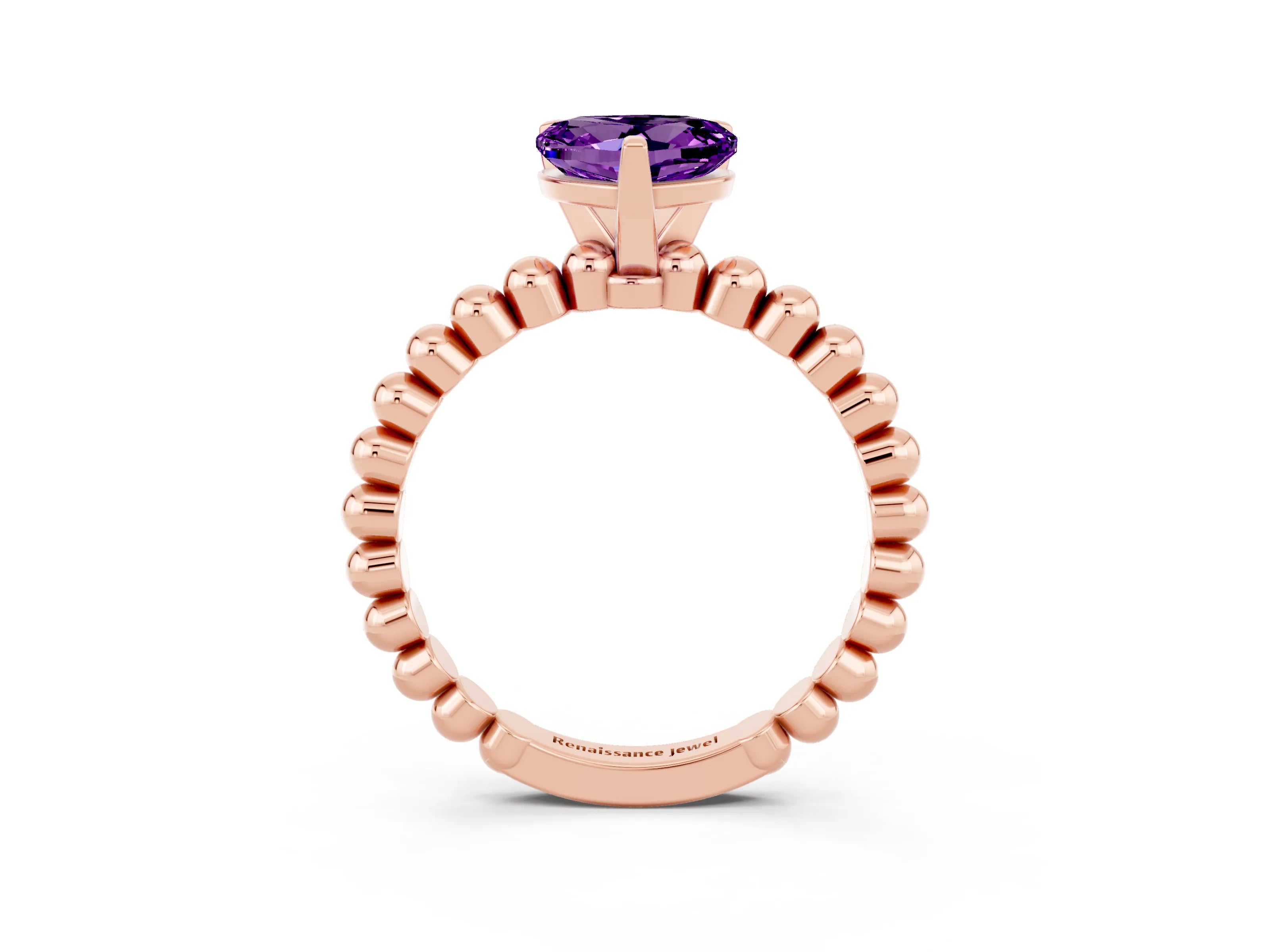 Rose gold Heart Cut Amethyst Solitaire Ring with Beaded Band and Prong Setting_3