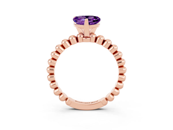 Rose gold Heart Cut Amethyst Solitaire Ring with Beaded Band and Prong Setting
