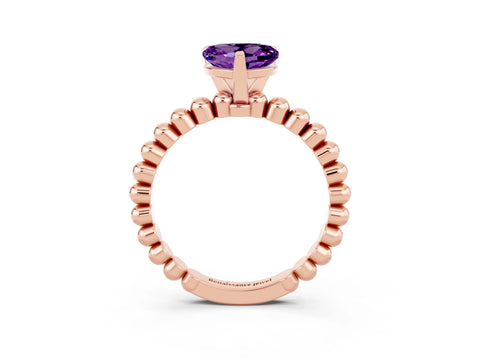 Rose gold Heart Cut Amethyst Solitaire Ring with Beaded Band and Prong Setting_3