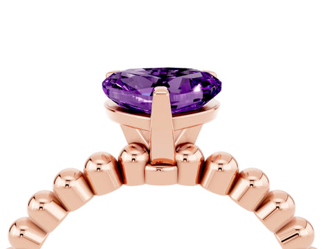 Rose gold Heart Cut Amethyst Solitaire Ring with Beaded Band and Prong Setting_4