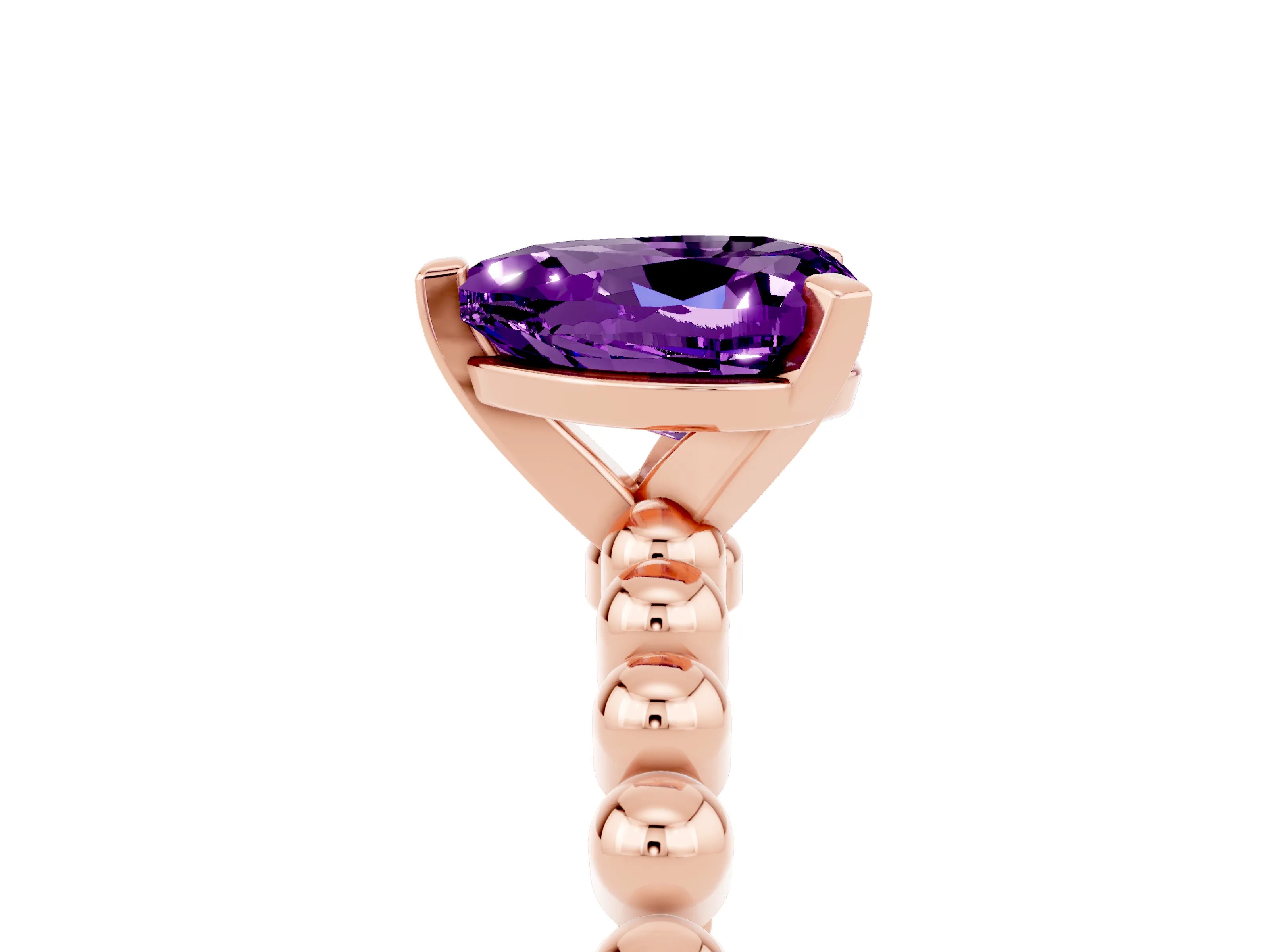 Rose gold Heart Cut Amethyst Solitaire Ring with Beaded Band and Prong Setting_5