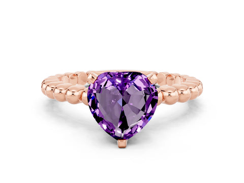 Rose gold Heart Cut Amethyst Solitaire Ring with Beaded Band and Prong Setting