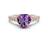 Rose gold Heart Cut Amethyst Solitaire Ring with Cathedral Setting and Pavé Band