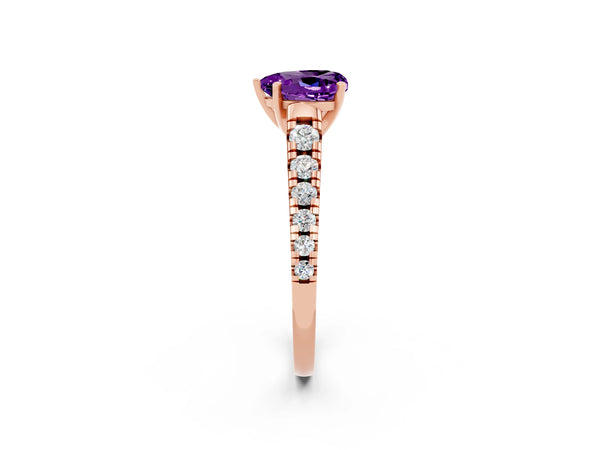 Rose gold Heart Cut Amethyst Cathedral Solitaire Ring with Round  Pavé Band