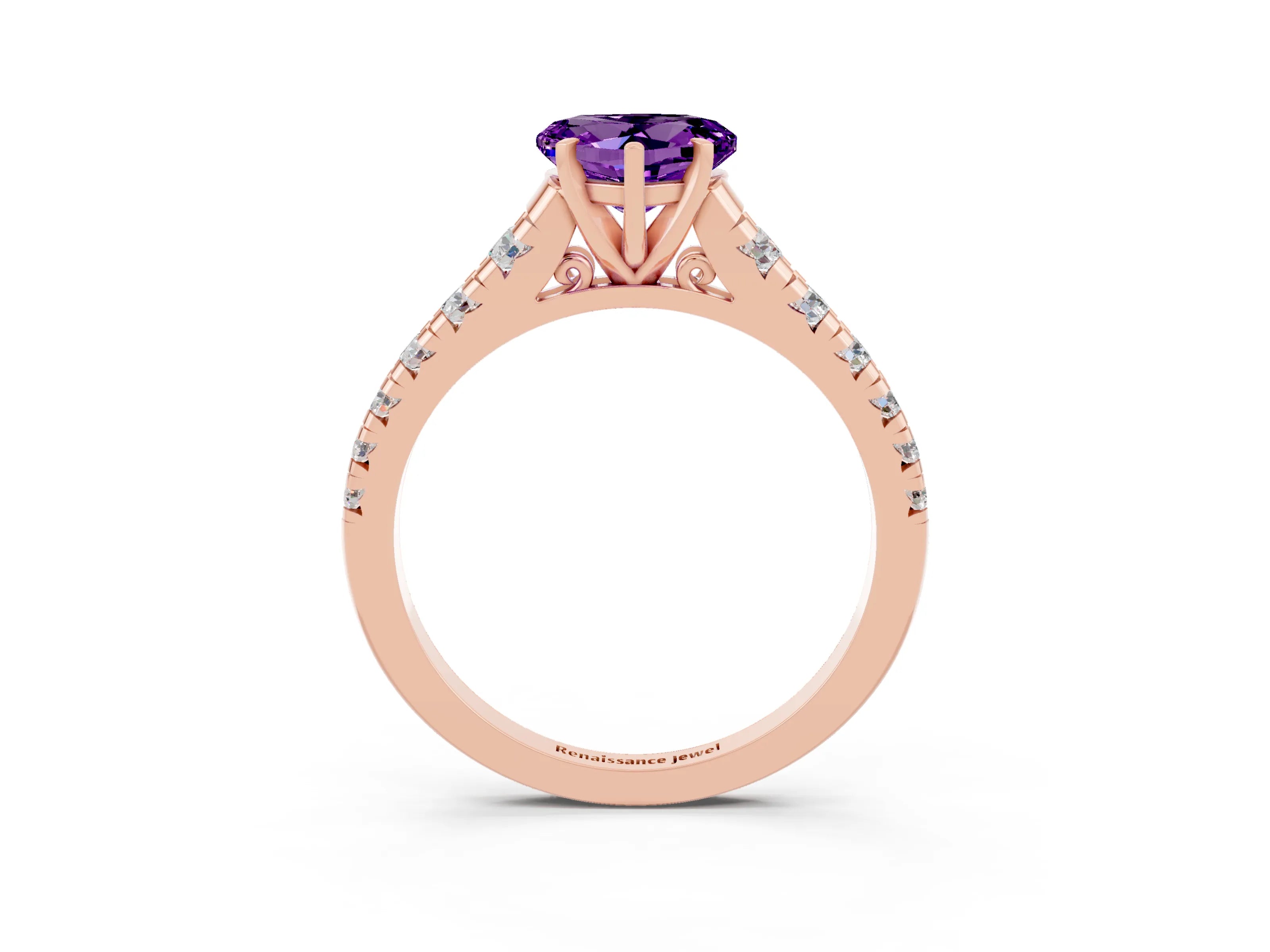 Rose gold Heart Cut Amethyst Solitaire Ring with Cathedral Setting and Pavé Band_3