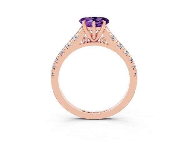 Rose gold Heart Cut Amethyst Cathedral Solitaire Ring with Round  Pavé Band