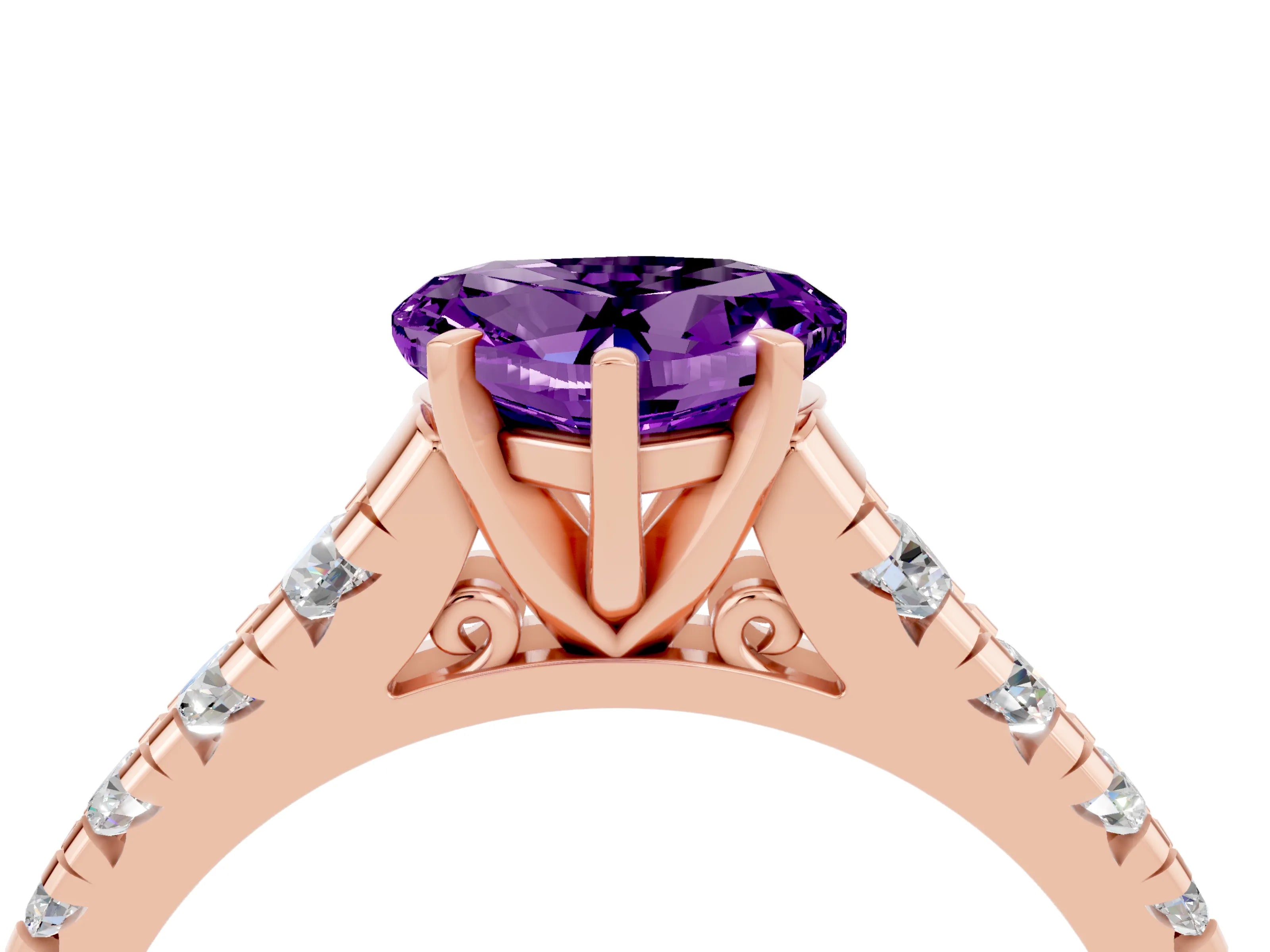Rose gold Heart Cut Amethyst Solitaire Ring with Cathedral Setting and Pavé Band_4