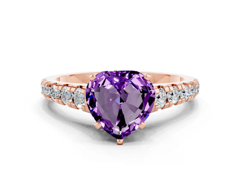 Rose gold Heart Cut Amethyst Solitaire Ring with Cathedral Setting and Pavé Band