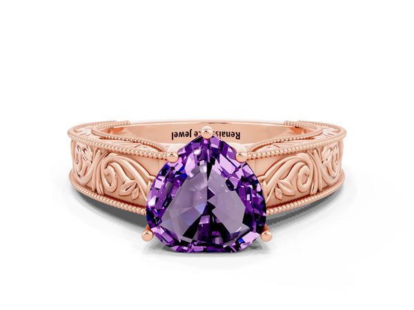 Rose gold Heart Cut Amethyst Solitaire Ring with Engraved Band and Four-Prong Setting