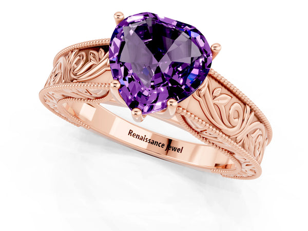 Rose gold Heart Cut Amethyst Solitaire Ring with Engraved Band and Four-Prong Setting