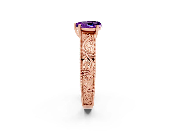 Rose gold Heart Cut Amethyst Solitaire Ring with Engraved Band and Four-Prong Setting