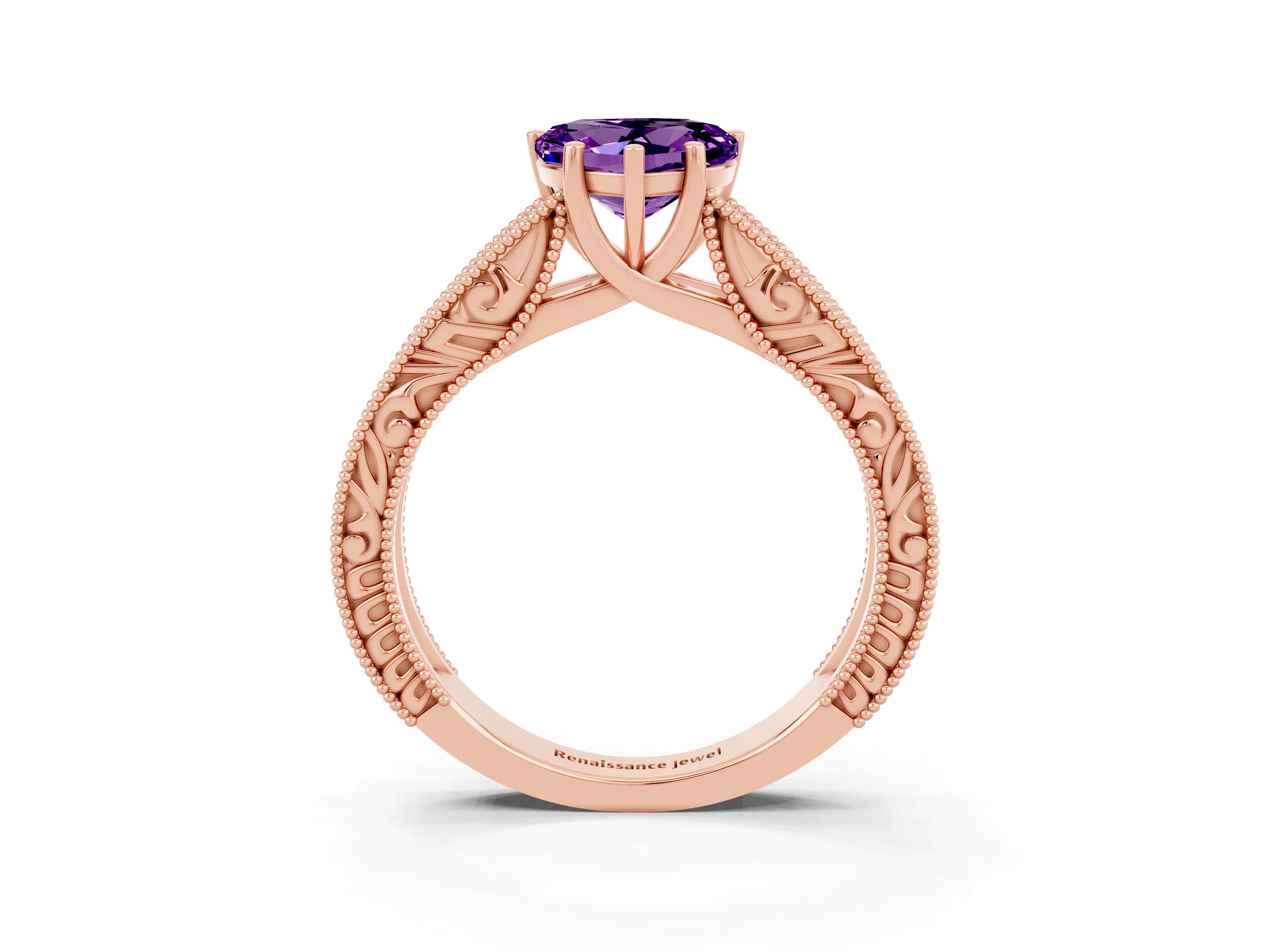 Rose gold Heart Cut Amethyst Solitaire Ring with Engraved Band and Four-Prong Setting_3