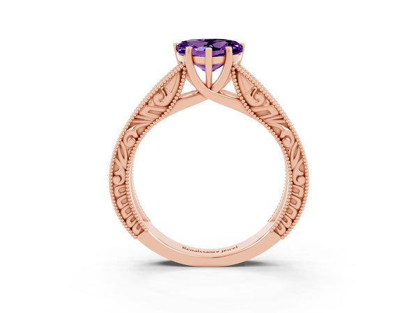 Rose gold Heart Cut Amethyst Solitaire Ring with Engraved Band and Four-Prong Setting