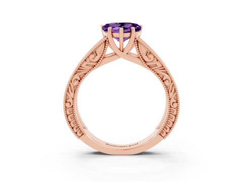 Rose gold Heart Cut Amethyst Solitaire Ring with Engraved Band and Four-Prong Setting_3