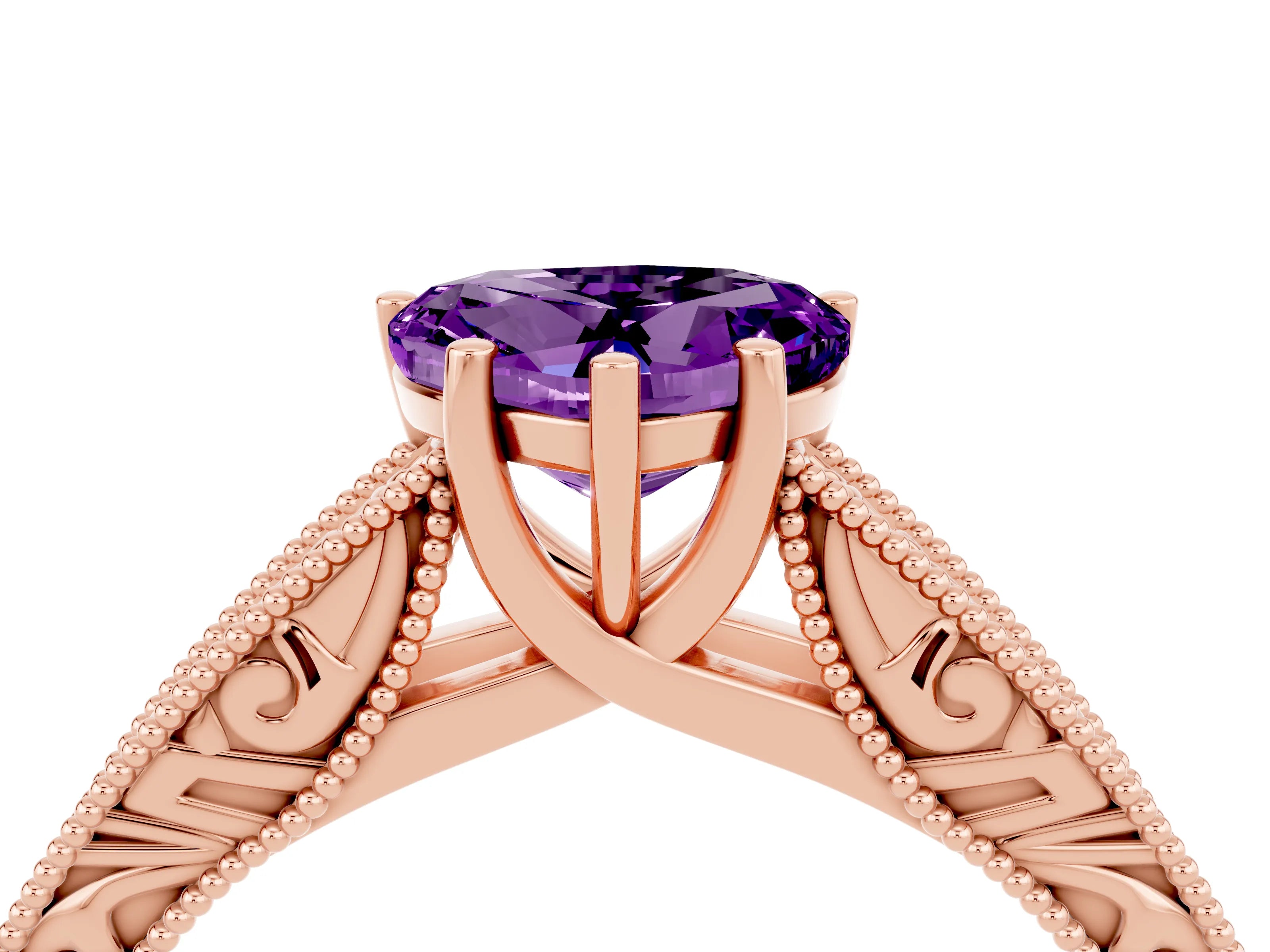Rose gold Heart Cut Amethyst Solitaire Ring with Engraved Band and Four-Prong Setting_4