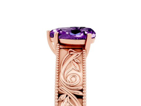 Rose gold Heart Cut Amethyst Solitaire Ring with Engraved Band and Four-Prong Setting_5