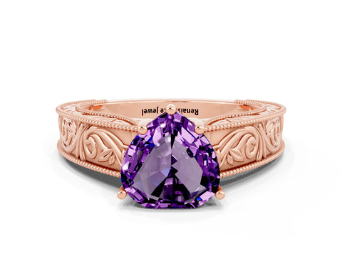 Rose gold Heart Cut Amethyst Solitaire Ring with Engraved Band and Four-Prong Setting