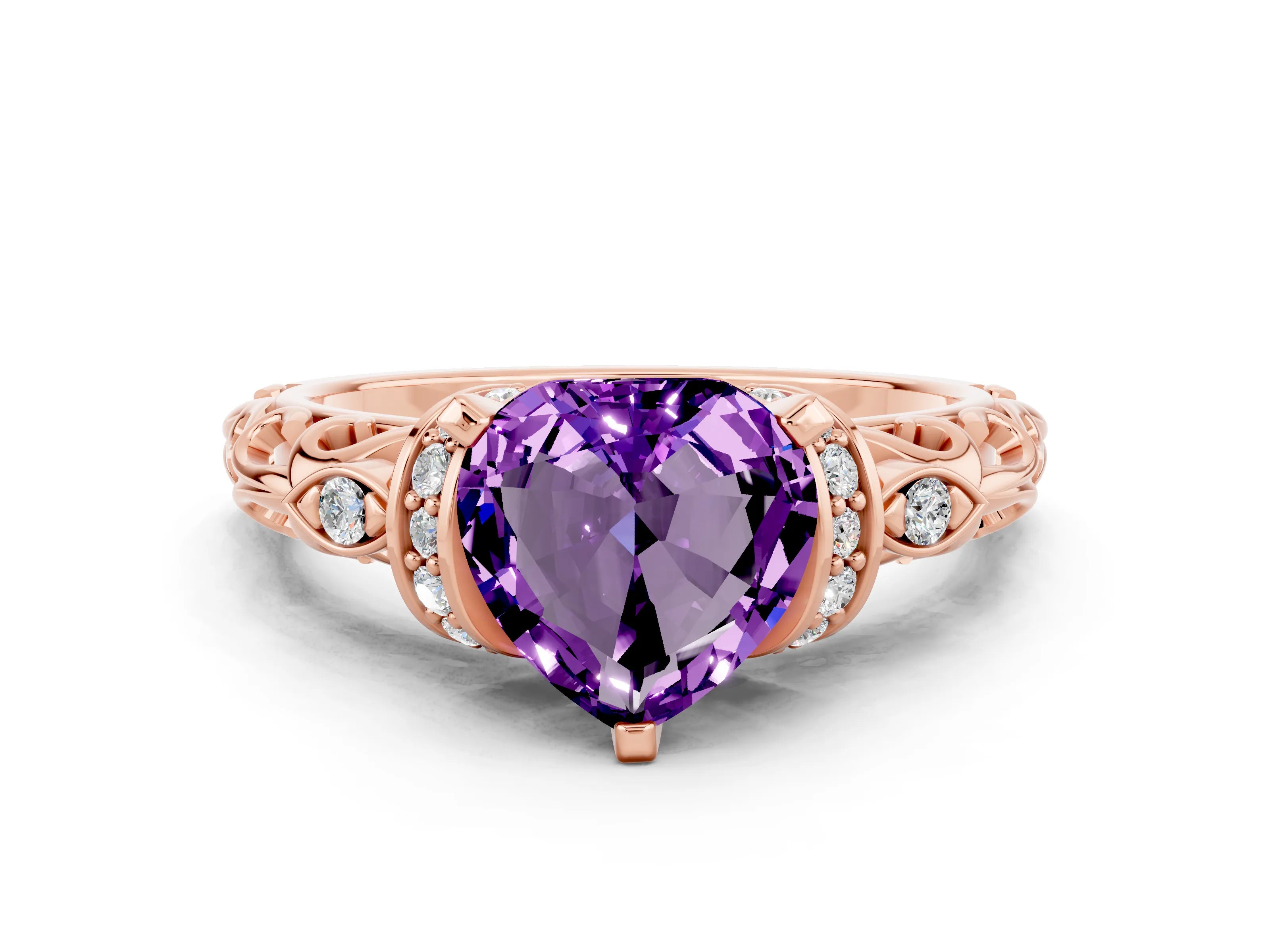 Rose gold Heart Cut Amethyst Solitaire Ring with Filigree Band and Four-Prong Setting_24