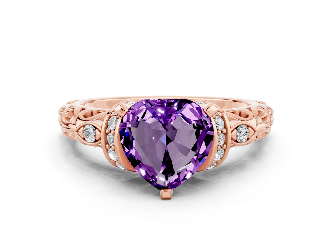 Rose gold Heart Cut Amethyst Solitaire Ring with Filigree Band and Four-Prong Setting_24