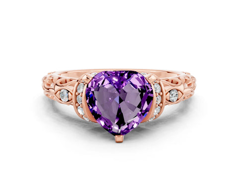 Rose gold Heart Cut Amethyst Solitaire Ring with Filigree Band and Four-Prong Setting_24