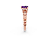 Rose gold Heart Cut Amethyst Solitaire Ring with Filigree Band and Four-Prong Setting_26