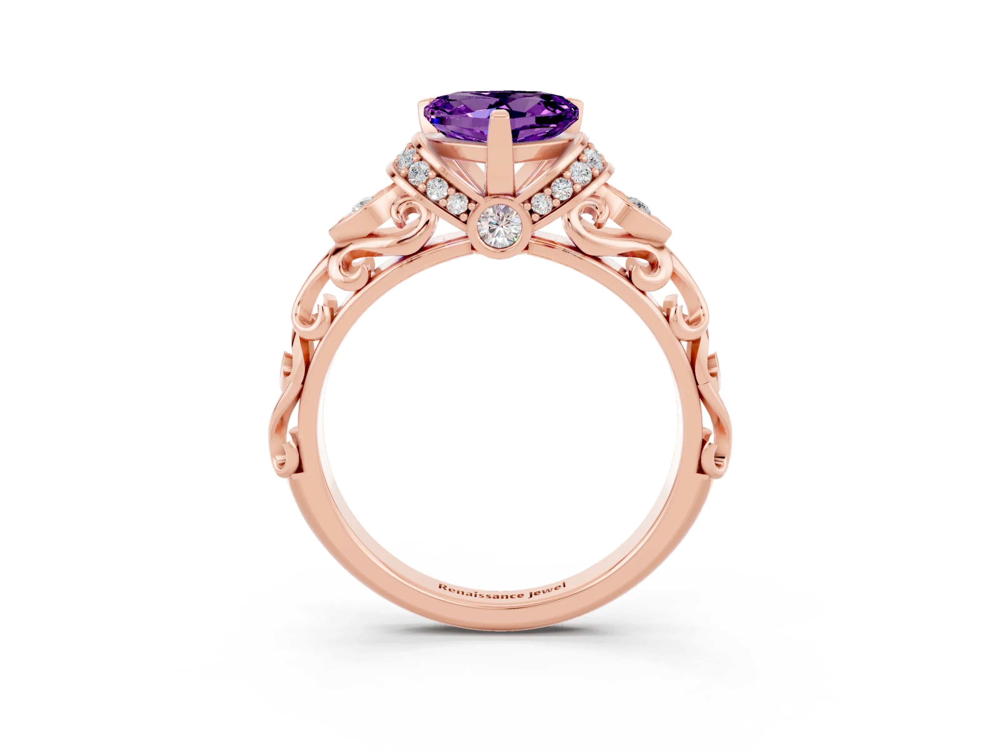 Rose gold Heart Cut Amethyst Solitaire Ring with Filigree Band and Four-Prong Setting_27