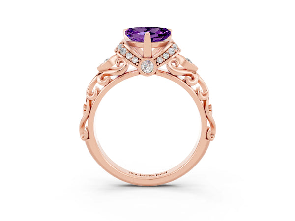 Rose gold Heart Cut Amethyst Solitaire Ring with Filigree Band and Four-Prong Setting