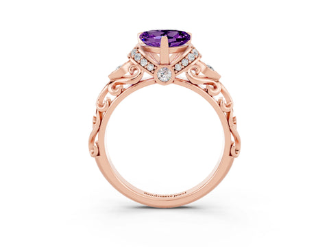 Rose gold Heart Cut Amethyst Solitaire Ring with Filigree Band and Four-Prong Setting_27